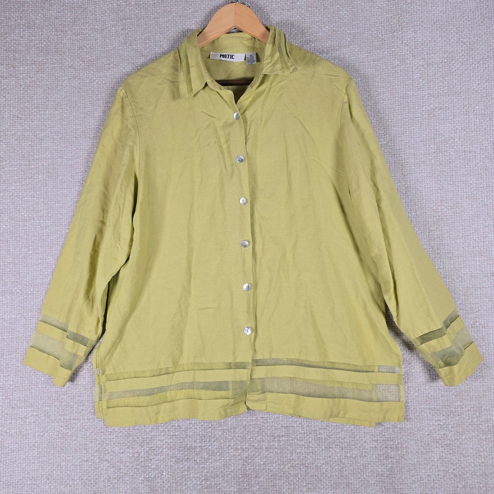 Poetic Chartreuse Green Ramie Rayon Sheer Panel Button Front Blouse Size 14